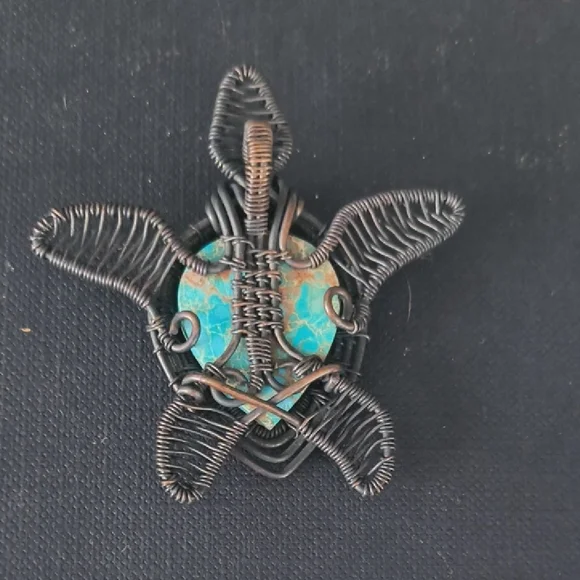 Wire Wrapped Turtle Pendant with Turquoise Stone - Picture 2 of 4